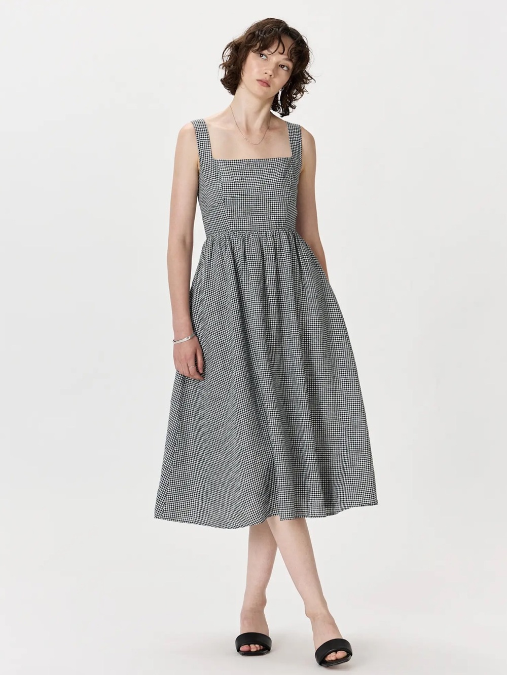 Quince 100% European Linen Fit & Flare Midi Dress Gingham XL